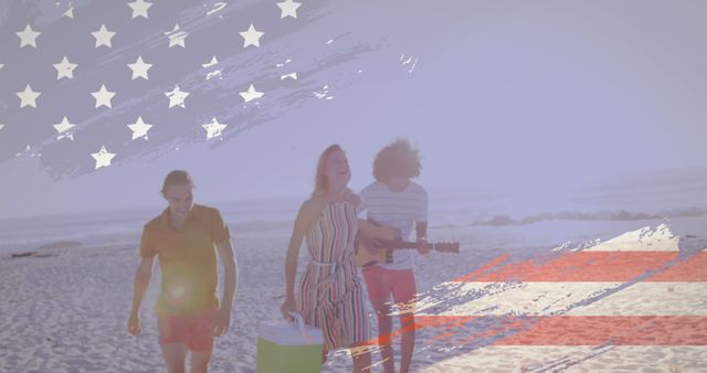 Group of Friends Walking on Beach with Guitar - Download Free Stock Images Pikwizard.com