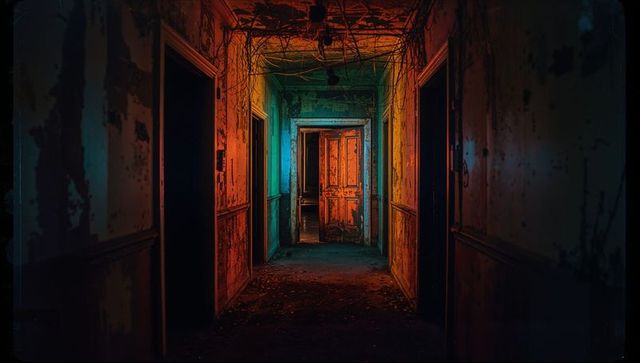 Eerie abandoned hallway — urban decay scene with vivid lighting