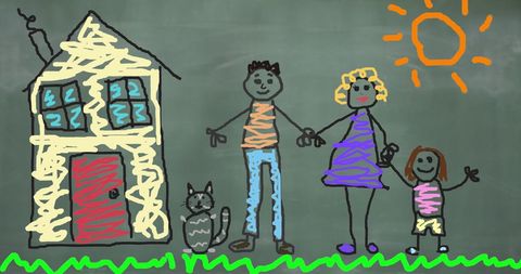 Childlike family drawing with sun and house