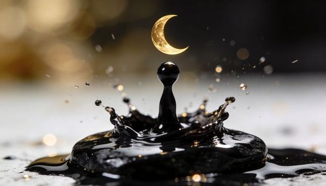 Glossy black splash forming crescent moon droplet with golden bokeh and reflection