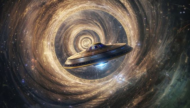 Spacecraft navigating cosmic spirals in deep space adventure