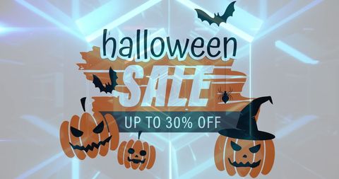 Spooky halloween sale poster: pumpkins, bats and up to 30% discount