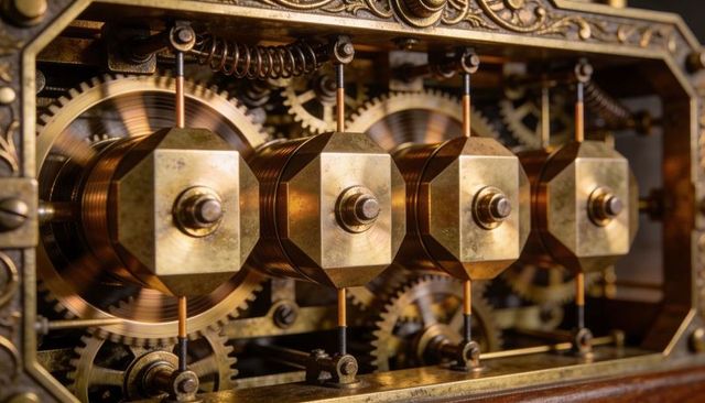 Antique clockwork showing rotating hexagonal brass drums, ornate spur gears, aged patina