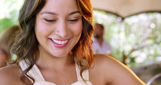 Smiling Woman Enjoying Outdoor Event - Download Free Stock Images Pikwizard.com