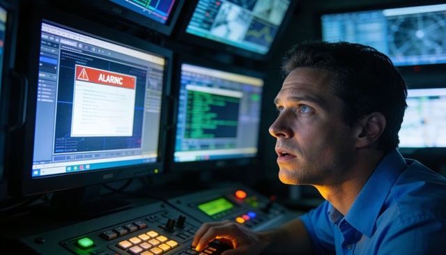 Monitoring operator responding to critical alert at control console with multiple screens