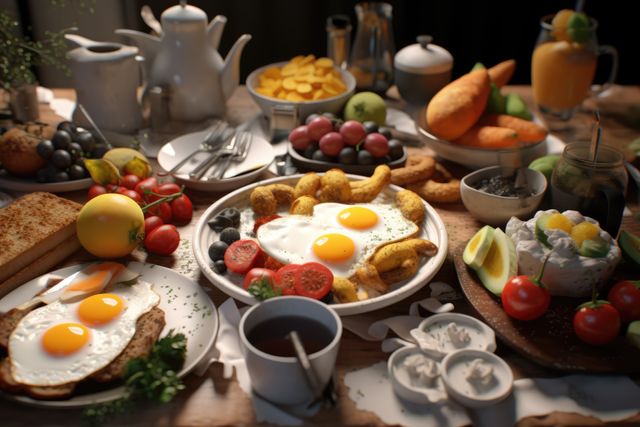 An inviting scene featuring a diverse breakfast spread. Highlights include sunny side up eggs, fresh fruits like berries and bananas, a variety of breads, toast, juice, coffee, and breakfast pastries. Perfect for advertisements, food blogs, and morning-themed content. Suitable for showcasing healthy breakfast options or promoting home-style dining settings.
