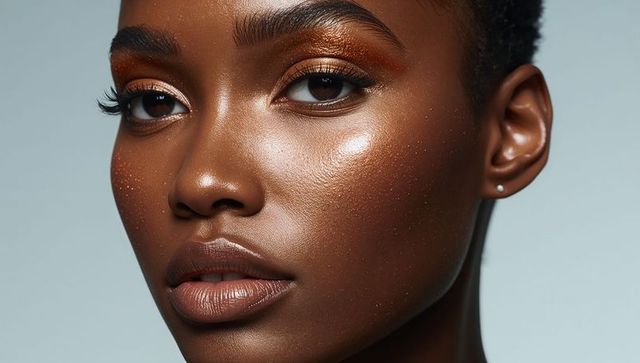 Bronzed glow beauty closeup of model with metallic eyeshadow and golden glitter glowy skin