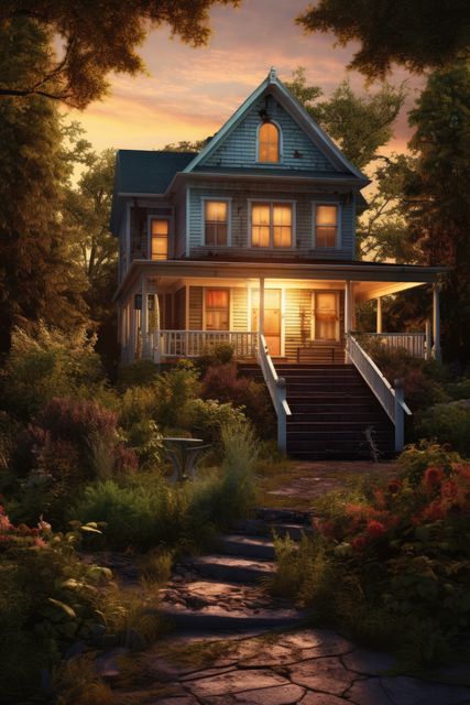 Wooden bungalow with front stairs in nature in evening, created using generative ai technology. Home, architecture and property concept digitally generated image.