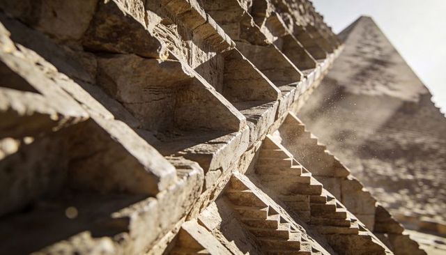 Sunlit pyramid steps showing weathered limestone texture, erosion and dust motion