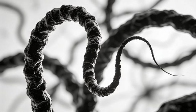 Curling fibrous tendril macro showing twisted spiral texture in monochrome backlit