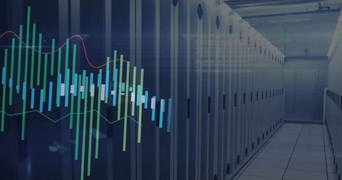 Server racks running live analytics overlay in modern data center aisle with digital dashboard