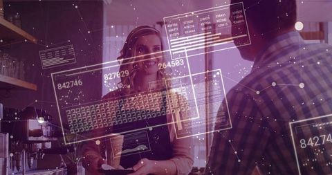 Smiling Barista Serving Coffee with Digital Data Overlay