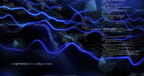 Glowing Blue Waveform Data Streams with HUD Overlay and Futuristic Code Visuals for Analytics