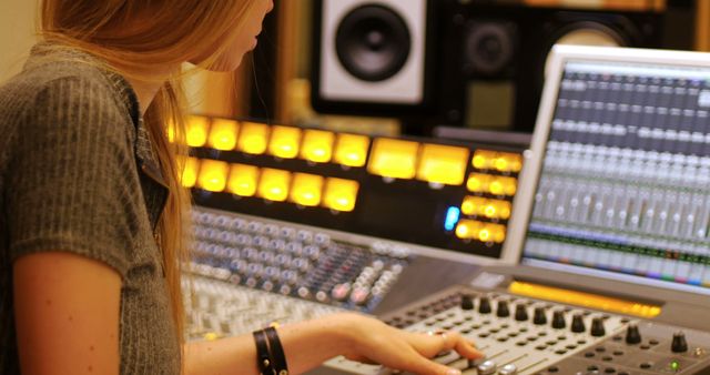 Female audio engineer working with mixing console in modern sound studio. She is adjusting dials on the mixing board while looking at computer screen displaying audio tracks. Ideal for content related to music production, sound engineering, recording technology, and women's roles in technical fields.
