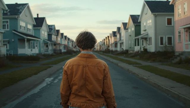 Standing on quiet suburban street at dawn wearing rust jacket with pastel houses