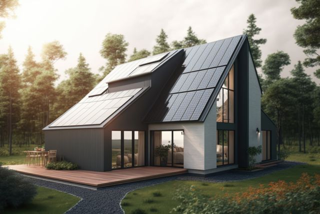 Image shows modern sustainable house with large solar panels on roof, located in forest. Home features large windows and a wooden deck, emphasizing clean energy and eco-friendly design. Perfect for illustrating green living, renewable energy concepts, and modern architectural designs in environmentally conscious housing.
