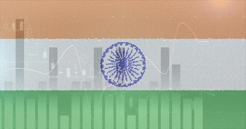 A visual representation shows the impact of COVID-19 in India through a blend of the national flag and statistical graphics. Perfect for use in news articles, social media posts, or reports highlighting the healthcare crisis and data analysis. It portrays the fusion of national identity with global health challenges.