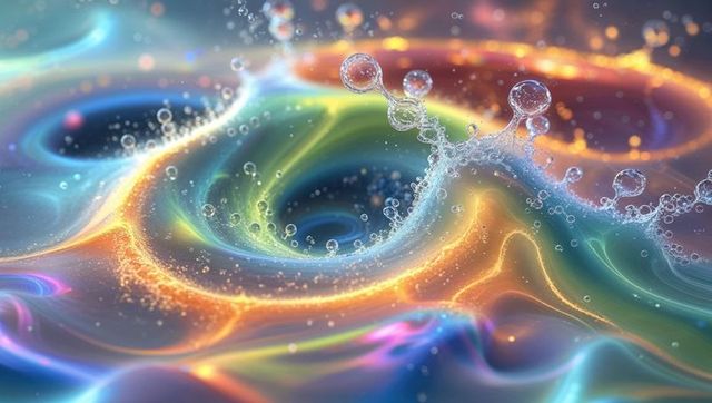 Vibrant neon vortex with glowing bubbles in digital space