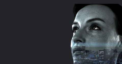 Gazing woman face blending urban skyline overlay with neon light streak and copy space