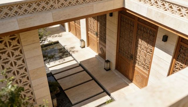 Sunlit courtyard featuring stone slab walkway, reflecting pool and carved wooden doors
