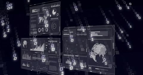 Streaming binary digits over holographic dashboards showing global analytics and data