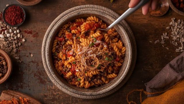 Rustic fusilli in tomato ragu with crispy fried shallots, overhead flatlay for menus