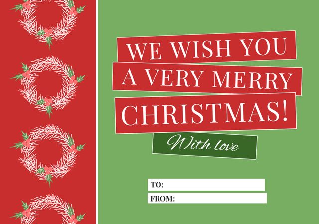 This greeting card conveys holiday wishes with a festive message and colorful decorations. The red and green color scheme reflects the traditional Christmas colors, and the 'with love' tag adds a personal touch. Suitable for holiday greetings to friends, family, and colleagues, and can be used for printed or digital cards.