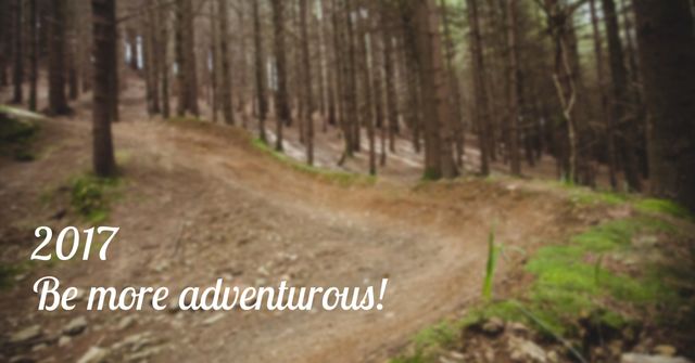 This image with a blurred forest trail and motivational text encourages embracing adventure and exploring nature. Ideal for use in inspirational posters, adventure blogs, or social media posts promoting outdoor activities and self-discovery.