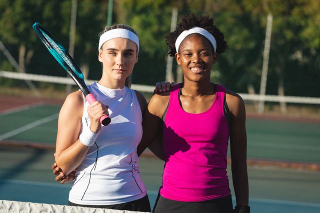 Portrait of multiracial young female tennis players standing with arm around at court on sunny day - Download Free Stock Photos Pikwizard.com