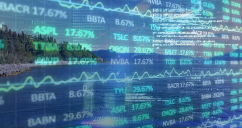 Financial Data Overlay on Serene Lake and Forest