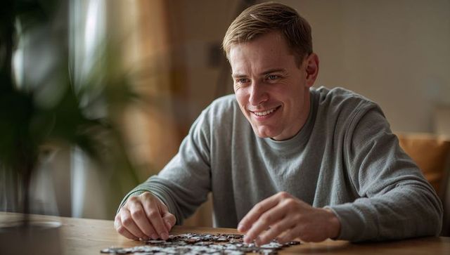 Man assembling jigsaw puzzle at home smiling in natural light cozy living room moment