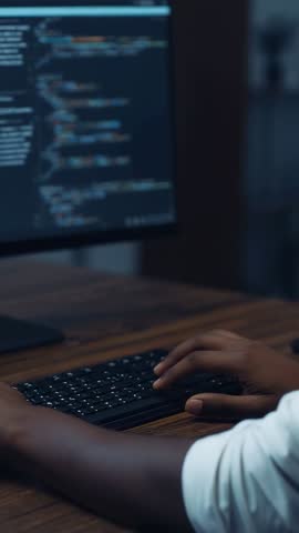 Developer typing code on keyboard with code editor on monitor vertical video