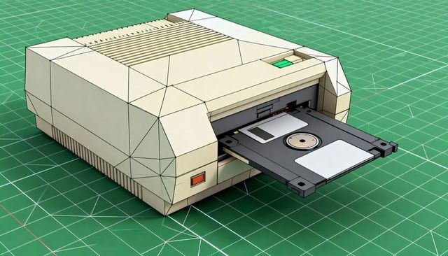 Retro beige floppy drive holding 3.5-inch disk on green grid mat, low-poly tech nostalgia