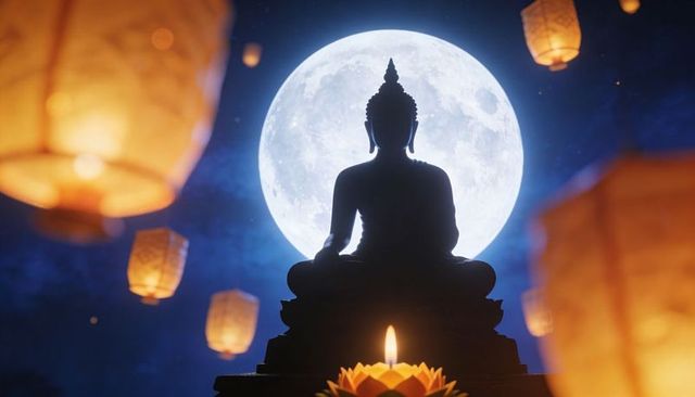 Buddha silhouette meditating beneath full moon with floating lanterns and lotus candle