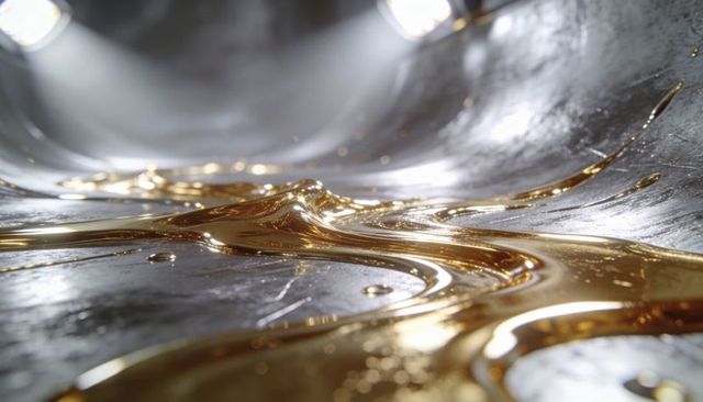Molten gold flowing over chrome channel creating glossy liquid metallic texture