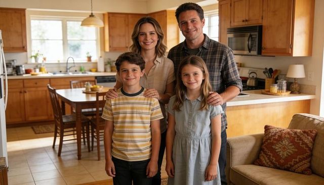Smiling family of four standing in cozy kitchen-dining area, casual home lifestyle and togetherness