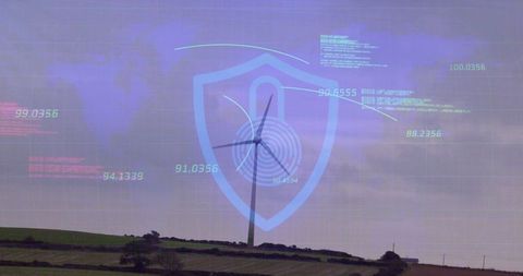 Futuristic Wind Turbine Technology with Digital Shield Overlay