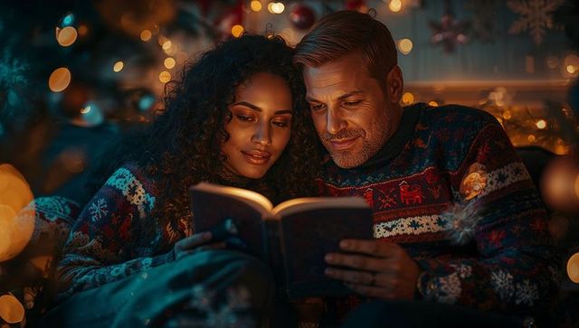 Couple Reading Together by Christmas Tree in Cozy Sweaters