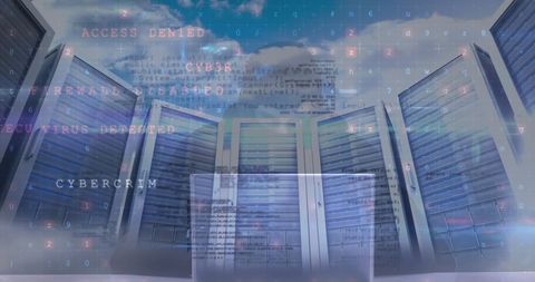 Cyber attack concept with server room and security warnings