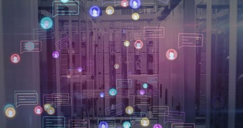 Futuristic data center with holographic communication icons