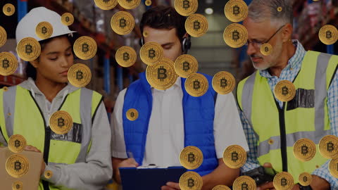 Warehouse Team with Overlay of Falling Bitcoin Coins Symbolizing Cryptocurrency Success