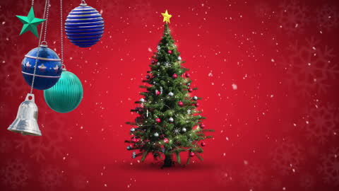 Festive Christmas Tree with Hanging Baubles Over Vibrant Red Background