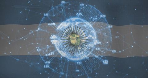 Holographic digital network with sun emblem displaying data around globe