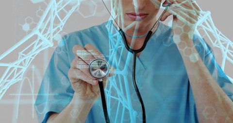 Doctor using stethoscope with holographic dna helix overlay for genomic diagnostics
