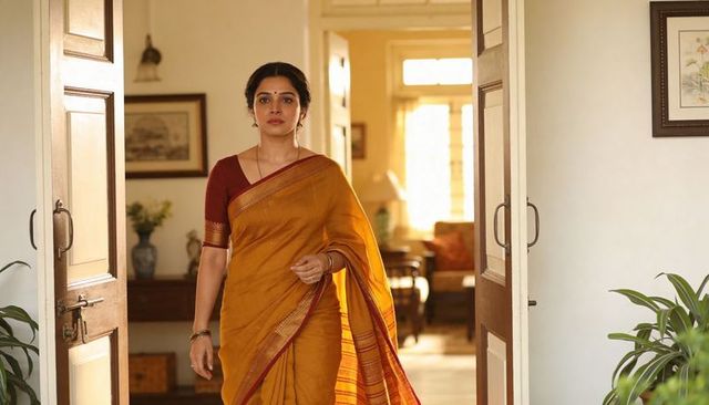Woman walking through wooden doors wearing mustard-yellow sari, elegant poised presence
