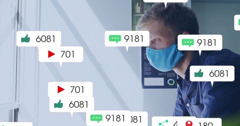 Remote analytics professional wearing face mask scanning social media engagement overlays
