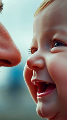 Vertical video of father leaning in and baby laughing close-up intimate bonding moment