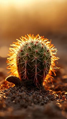 Sunrise Backlit Macro: Panning Round Cactus with Glowing Spines in Desert Vertical Video