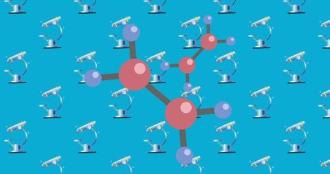 Digital molecular structure with microscopes on blue background