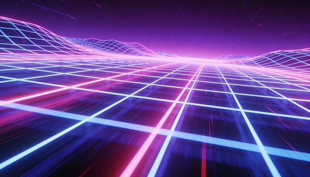 Neon Grid Horizon With Wireframe Hills in Retro-Futuristic Synthwave Cyberpunk Landscape